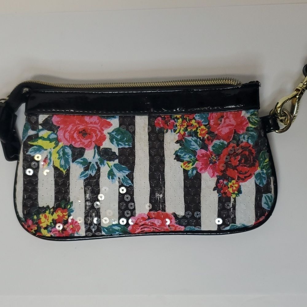 Betsey Johnson Sequined Flowers and Stripes Wristlet Gold Toned Accents - Picture 6 of 11